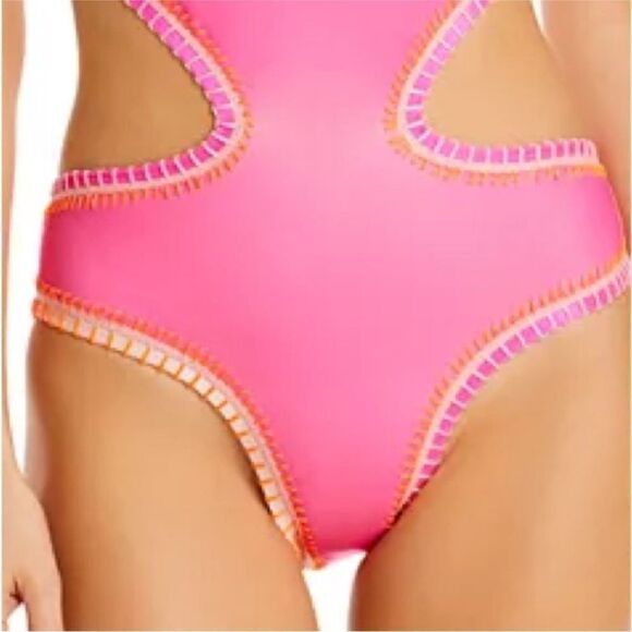 PQ Swim NWT Crochet Trim Halter Neck One Piece Swimsuit in Pink/Orange Size M - Picture 4 of 13
